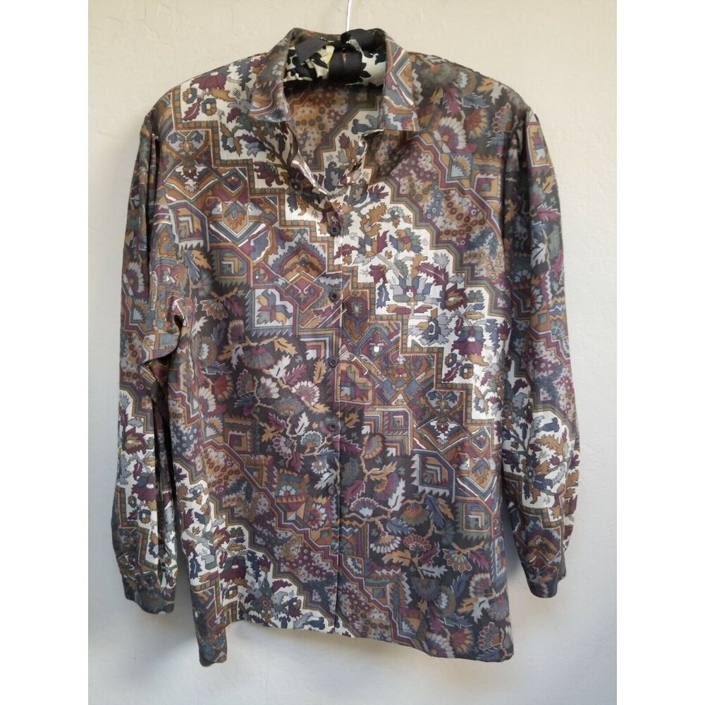 Vintage JAEGER Womens Wool Button-Up Shirt Top Size 91cm 36in Brown Long Sleeve